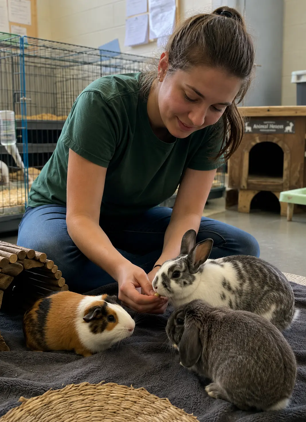 A volunteer socializing a rescued kitten