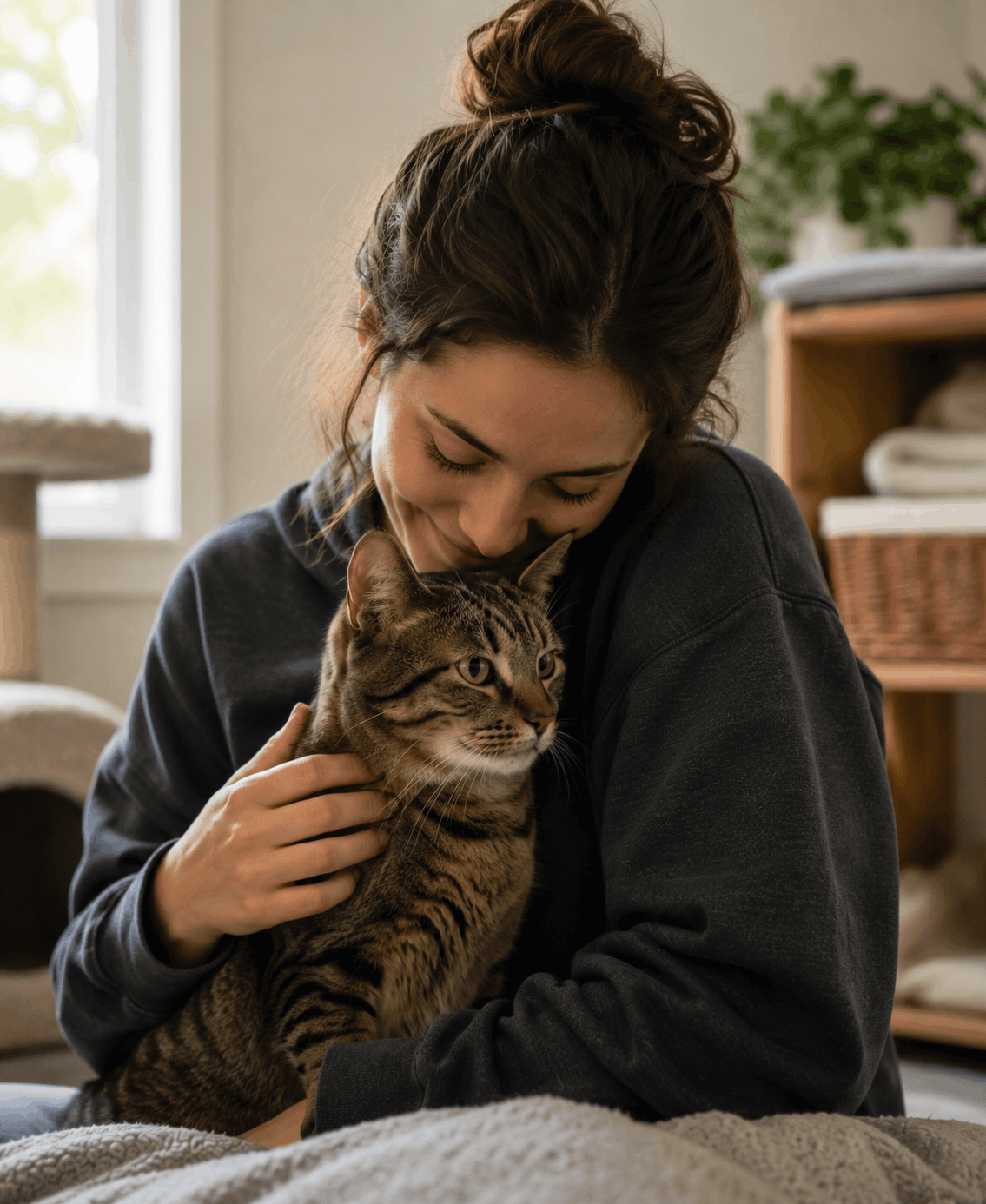 Volunteer holding a rescued cat at Cozy Critter Rescue